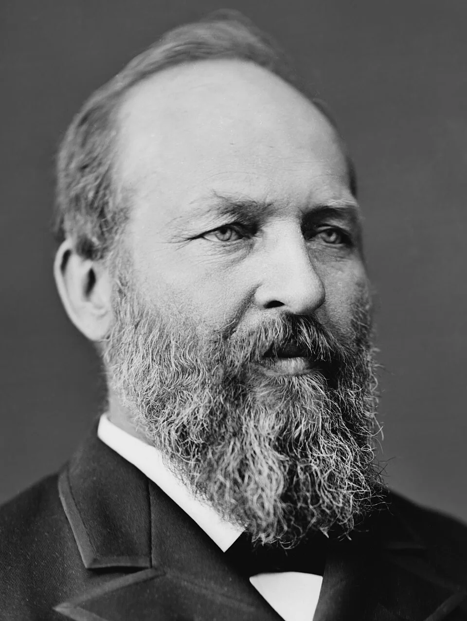 Black-and-white photograph of James A. Garfield, a bearded man in a dark suit, seated, looking slightly to the side.