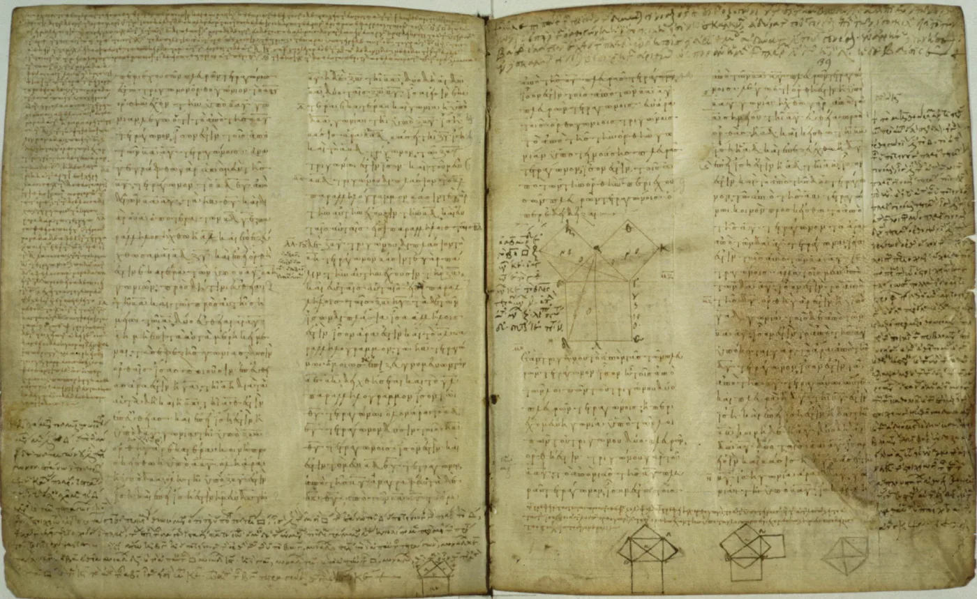 Two facing manuscript pages in Greek minuscule script, with the figure of Proposition 47 — a triangle with squares on its sides — drawn in the right-hand column.