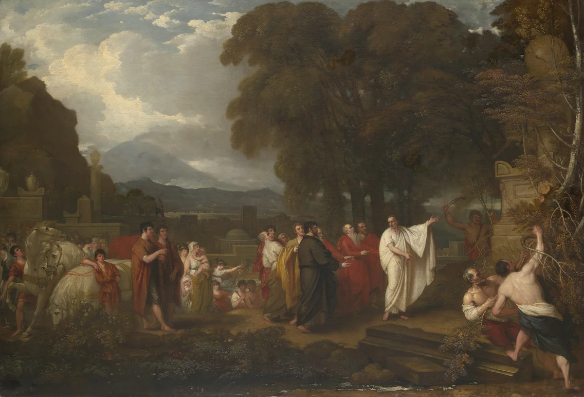 A painting: men in Roman dress clear away undergrowth from an old stone monument topped with a sphere and a cylinder.